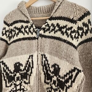 Men's Zip-Up Hooded Sweater in Beige and Cream with Black Pattern